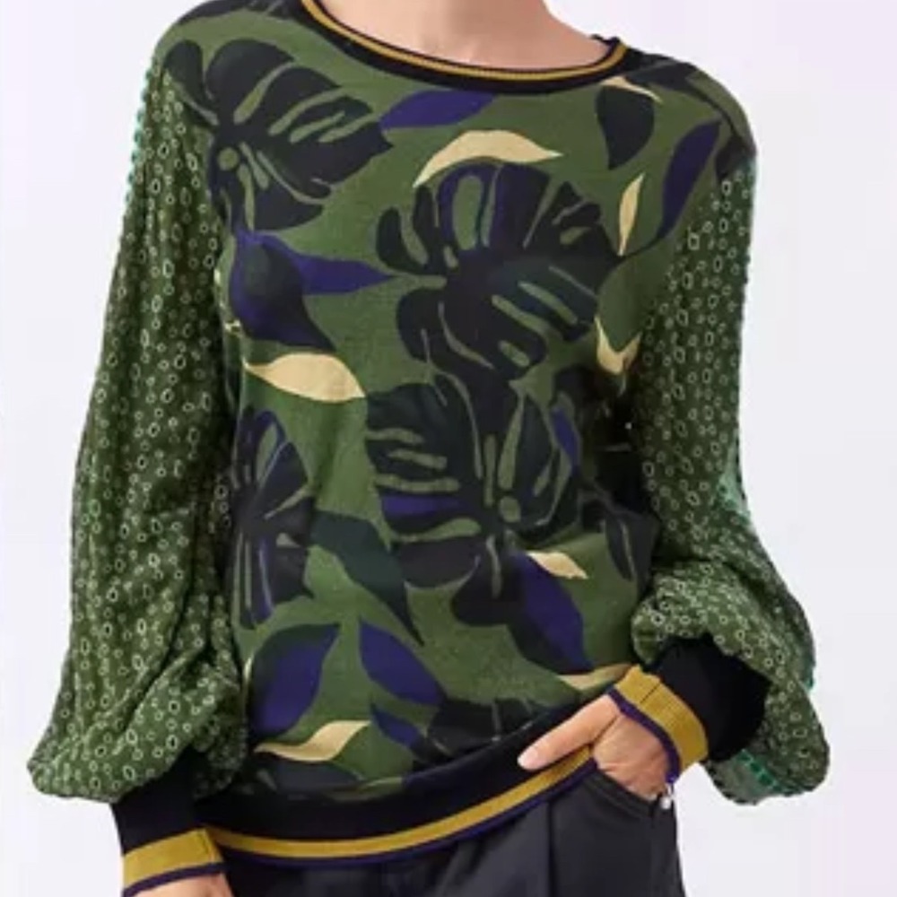 Blank London Tropical Leaf Sweater Womens Medium Green Eyelet Balloon Sleeve Exc